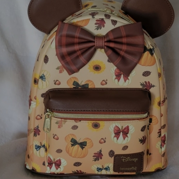 Loungefly Disney Minnie Mouse Fall Pumpkin Plaid Bow Backpack and Wallet Set - Picture 4 of 5